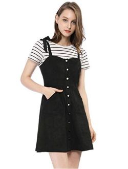 Women's Overalls Faux Suede a Line Short Pinafore Button Up Overall Dress