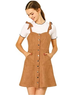 Women's Overalls Faux Suede a Line Short Pinafore Button Up Overall Dress