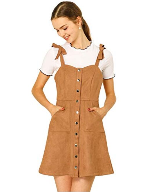 Allegra K Women's Overalls Faux Suede a Line Short Pinafore Button Up Overall Dress