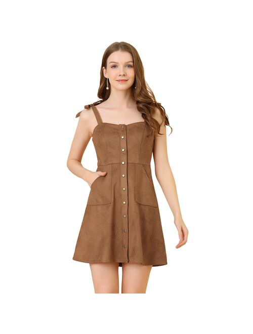 Allegra K Women's Overalls Faux Suede a Line Short Pinafore Button Up Overall Dress