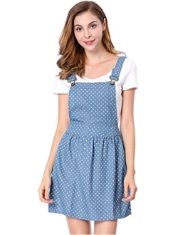 Women's Dots Pattern Adjustable Straps Mini Pinafore Jean Denim Overall Dress