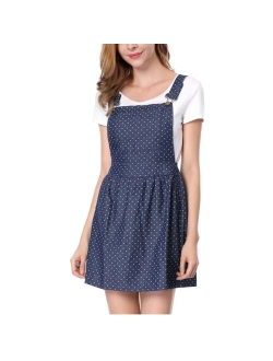 Women's Dots Pattern Adjustable Straps Mini Pinafore Jean Denim Overall Dress