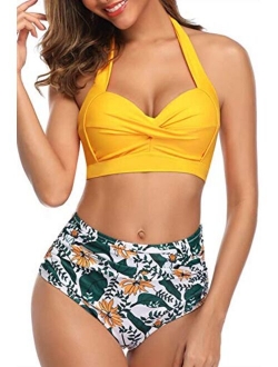 Womens High Waisted Bikini Swimsuits Vintage Halter Push Up Tops Sexy Tummy Control Ruched Retro Two Piece Bathing Suits