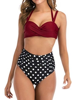 Womens High Waisted Bikini Swimsuits Vintage Halter Push Up Tops Sexy Tummy Control Ruched Retro Two Piece Bathing Suits