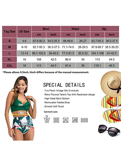 Womens High Waisted Bikini Swimsuits Vintage Halter Push Up Tops Sexy Tummy Control Ruched Retro Two Piece Bathing Suits