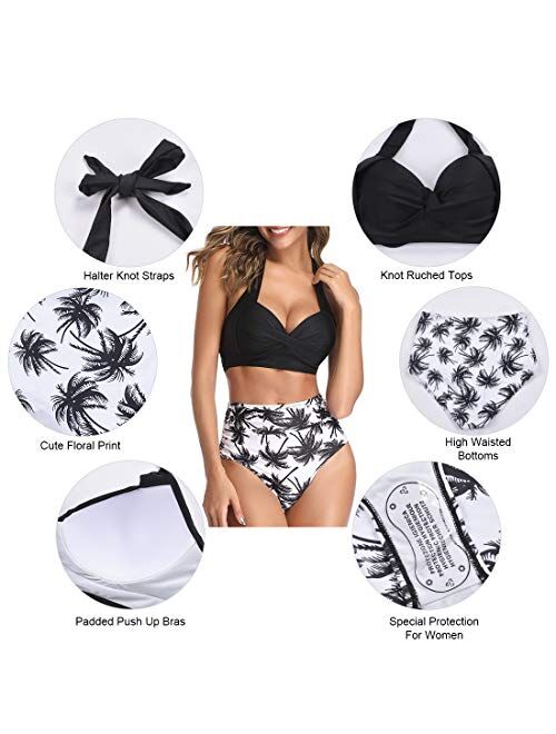 Womens High Waisted Bikini Swimsuits Vintage Halter Push Up Tops Sexy Tummy Control Ruched Retro Two Piece Bathing Suits