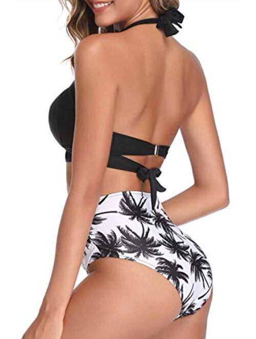 Womens High Waisted Bikini Swimsuits Vintage Halter Push Up Tops Sexy Tummy Control Ruched Retro Two Piece Bathing Suits