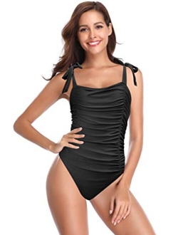 Women's Crossover Ruched Monokini Swimsuits Vintage Shirred One Piece Bathing Suits