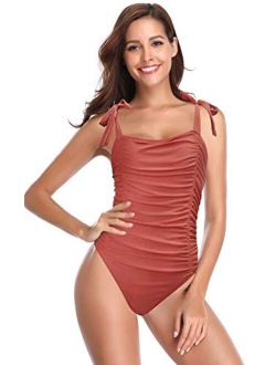 Women's Crossover Ruched Monokini Swimsuits Vintage Shirred One Piece Bathing Suits