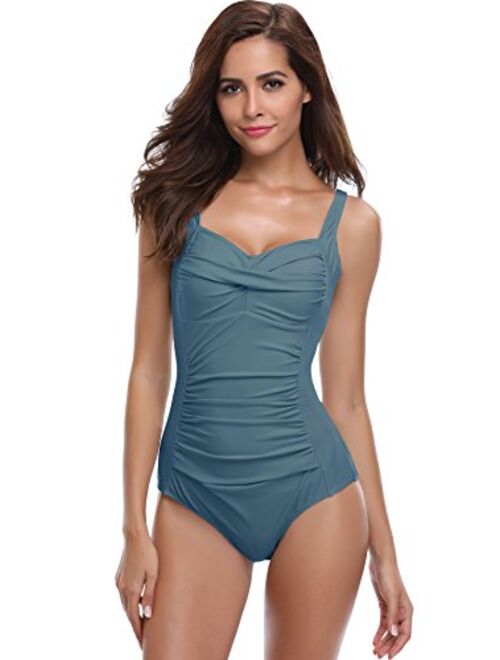 SHEKINI Women's Crossover Ruched Monokini Swimsuits Vintage Shirred One Piece Bathing Suits