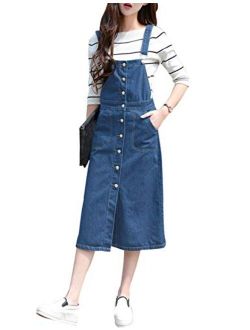 Yeokou Women's Midi Length Long Denim Jeans Jumpers Overall Pinafore Dress Skirt