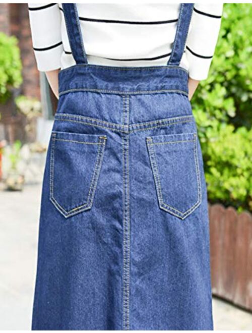 Yeokou Women's Midi Length Long Denim Jeans Jumpers Overall Pinafore Dress Skirt