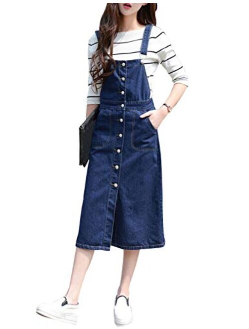 Yeokou Women's Midi Length Long Denim Jeans Jumpers Overall Pinafore Dress Skirt