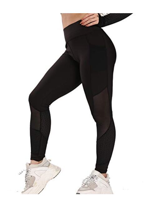 CROSS1946 Sexy Women's Stretchy Patchwork Thigh Mesh Trouser Yoga Pants Soft High Waist Tummy Control Leggings Skinny Fitness Capris