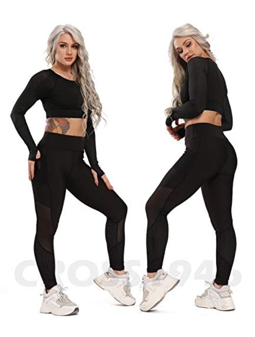 CROSS1946 Sexy Women's Stretchy Patchwork Thigh Mesh Trouser Yoga Pants Soft High Waist Tummy Control Leggings Skinny Fitness Capris