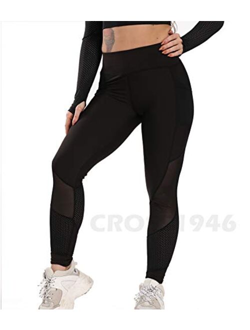 CROSS1946 Sexy Women's Stretchy Patchwork Thigh Mesh Trouser Yoga Pants Soft High Waist Tummy Control Leggings Skinny Fitness Capris