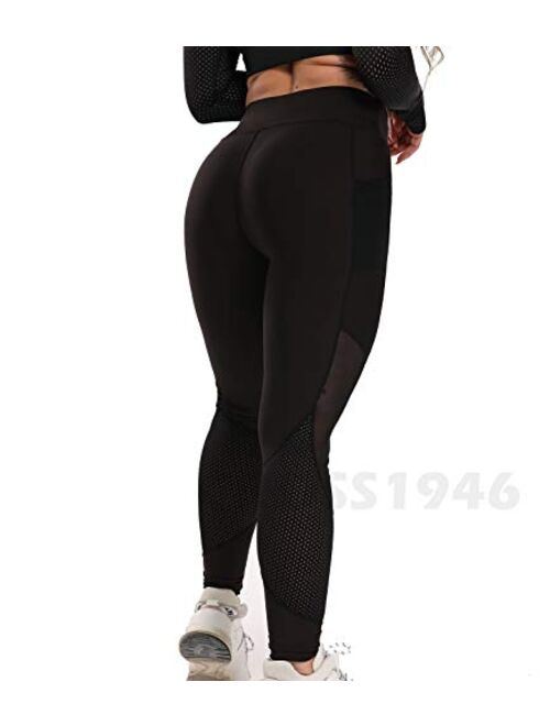 CROSS1946 Sexy Women's Stretchy Patchwork Thigh Mesh Trouser Yoga Pants Soft High Waist Tummy Control Leggings Skinny Fitness Capris