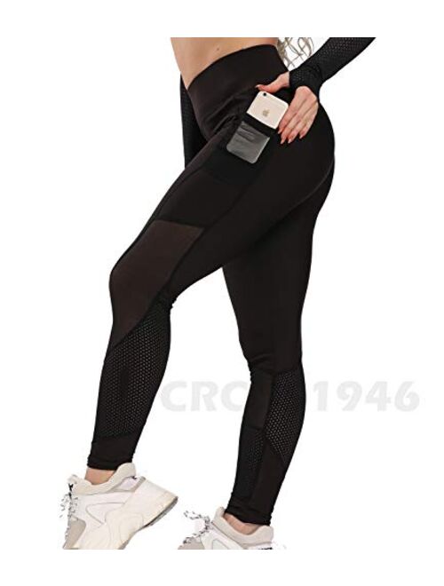 CROSS1946 Sexy Women's Stretchy Patchwork Thigh Mesh Trouser Yoga Pants Soft High Waist Tummy Control Leggings Skinny Fitness Capris