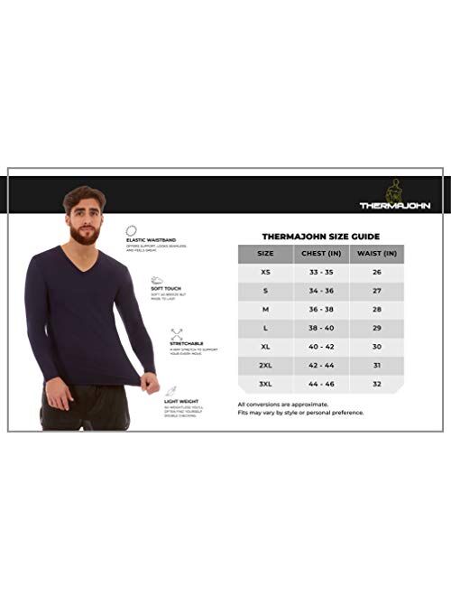 Thermajohn Mens Ultra Soft V-Neck Thermal Underwear Shirt - Fleece Lined Long Sleeve Underwear Long Johns T Shirt