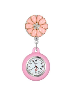 Women's Nurse Clip on Watch Cute Flower Lapel Hanging Doctor Clinic Staff Tunic Stethoscope Badge Quartz Fob Pocket Watch with Pink Silicone Cover