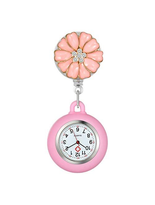 Women's Nurse Clip on Watch Cute Flower Lapel Hanging Doctor Clinic Staff Tunic Stethoscope Badge Quartz Fob Pocket Watch with Pink Silicone Cover