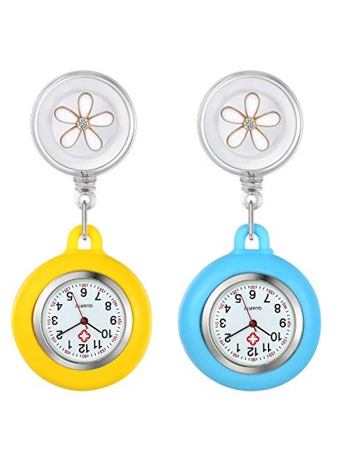 1-2 Pack Retractable Lapel Watch with Second Hand for Nurses Doctors Clip-on Hanging Nurse Watches for Women Silicone Cover Badge Stethoscope Fob Pocket Watch