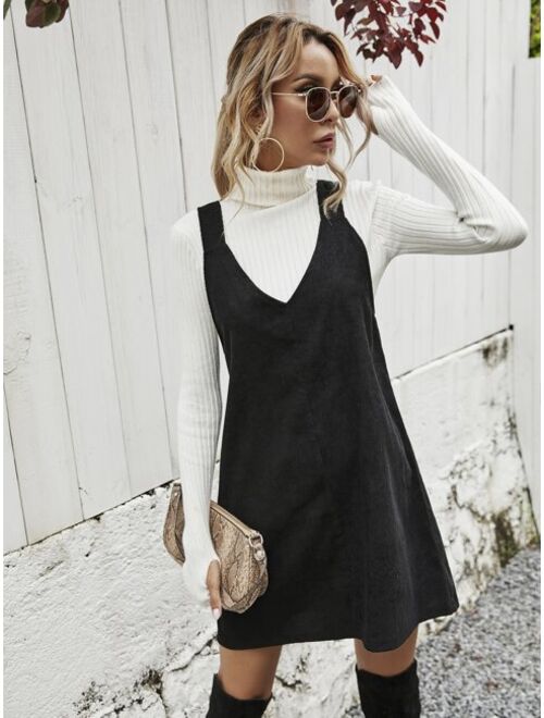 Shein Corduroy Solid Pinafore Dress Without Sweater