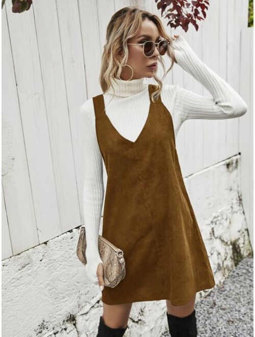 Shein Corduroy Solid Pinafore Dress Without Sweater