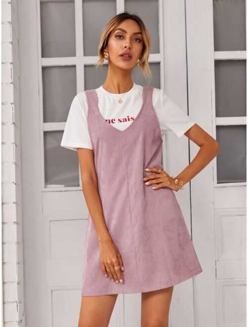 Shein Corduroy Solid Pinafore Dress Without Sweater