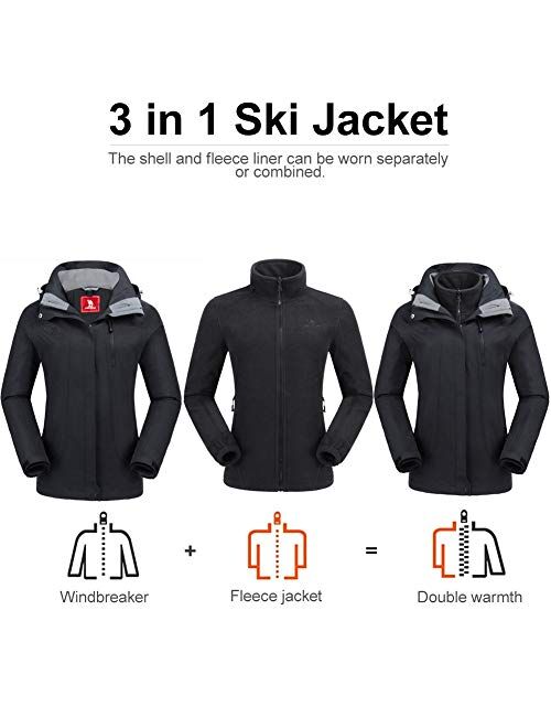 CAMEL CROWN Women's Ski Jacket Waterproof 3 in 1 Winter Jacket Windproof Warm Fleece Hooded Snowboard Mountain Snow Coat