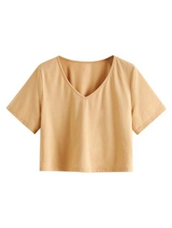 Women's Casual V Neck Short Sleeve Soild Basic Crop Top T-Shirt