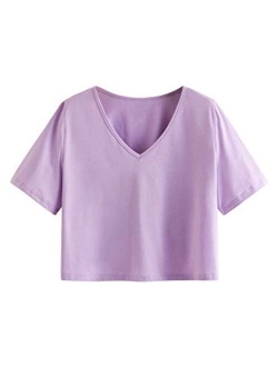 Women's Casual V Neck Short Sleeve Soild Basic Crop Top T-Shirt