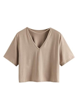 Women's Casual V Neck Short Sleeve Soild Basic Crop Top T-Shirt