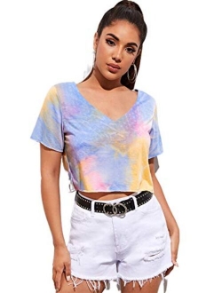 Women's Casual V Neck Short Sleeve Soild Basic Crop Top T-Shirt