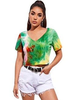 Women's Casual V Neck Short Sleeve Soild Basic Crop Top T-Shirt