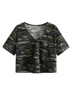 Women's Casual V Neck Short Sleeve Soild Basic Crop Top T-Shirt