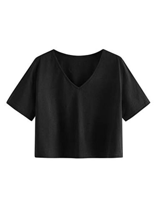 SweatyRocks Women's Casual V Neck Short Sleeve Soild Basic Crop Top T-Shirt