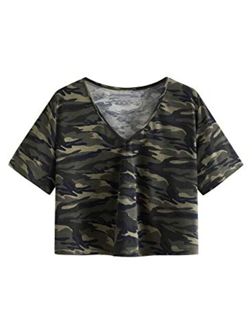 SweatyRocks Women's Casual V Neck Short Sleeve Soild Basic Crop Top T-Shirt