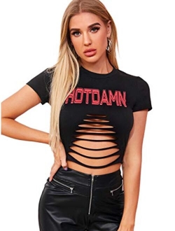 Women's Short Sleeve Cutout Tee Shirt Distressed Crop Top