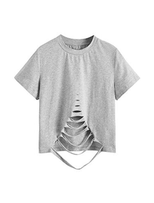 SweatyRocks Women's Short Sleeve Cutout Tee Shirt Distressed Crop Top