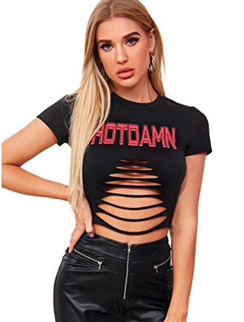 SweatyRocks Women's Short Sleeve Cutout Tee Shirt Distressed Crop Top