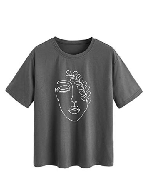 SweatyRocks Women's Cute Graphic T-Shirts Crewneck Short Sleeve Casual Gesture Print Tee Tops