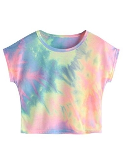 Women's Tie Dye Round Neck Slim Fit Short Sleeve Crop Top T-Shirt