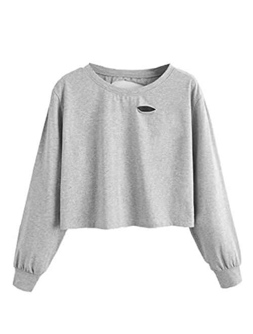 SweatyRocks Women's Tshirt Long Sleeve Distressed Crop T-Shirt Top