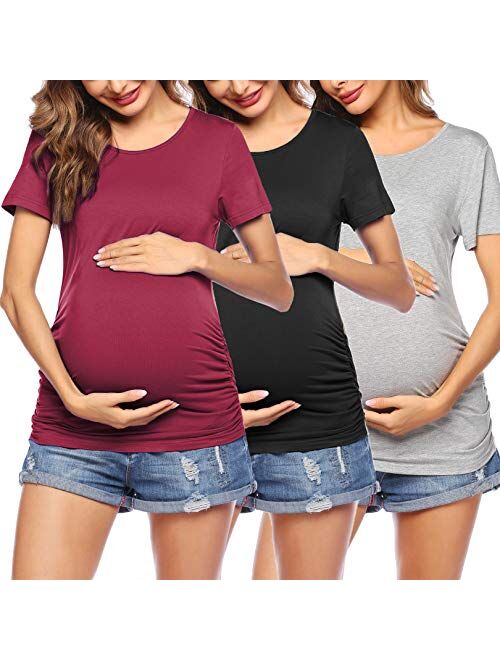 Ekouaer Women Maternity Shirt Funny Print Side Ruched Raglan Short Sleeve Cute Pregnancy Top