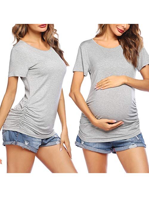 Ekouaer Women Maternity Shirt Funny Print Side Ruched Raglan Short Sleeve Cute Pregnancy Top