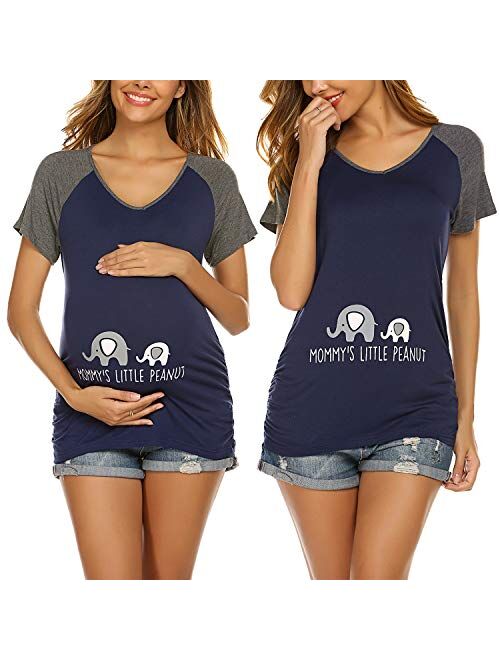 Ekouaer Women Maternity Shirt Funny Print Side Ruched Raglan Short Sleeve Cute Pregnancy Top