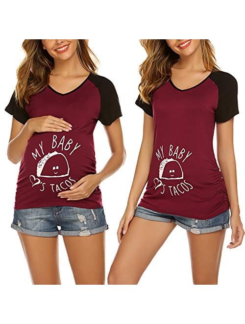 Ekouaer Women Maternity Shirt Funny Print Side Ruched Raglan Short Sleeve Cute Pregnancy Top