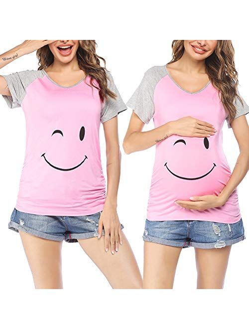 Ekouaer Women Maternity Shirt Funny Print Side Ruched Raglan Short Sleeve Cute Pregnancy Top