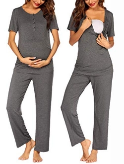 Women's Maternity Nursing Pajamas Sets Breastfeeding Printed Sleepwear Short Sleeve 2 Pcs Henley Top and Pants Set